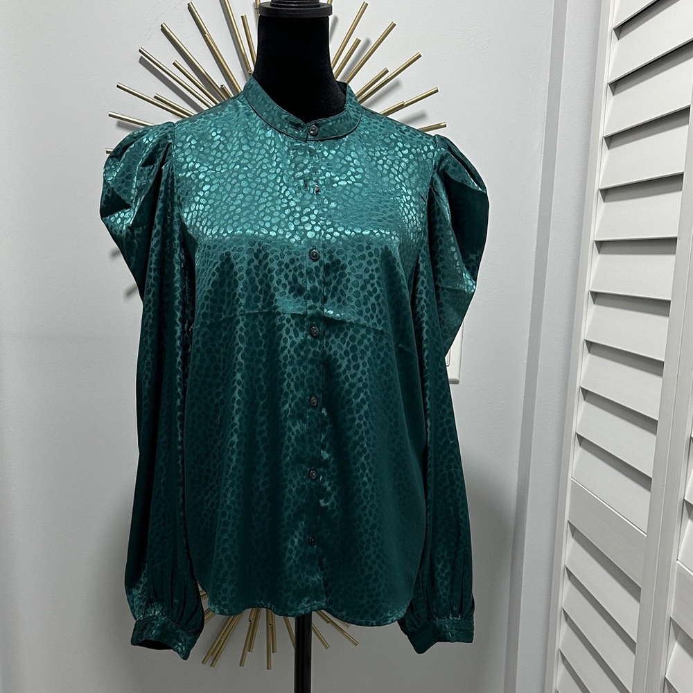 Express Emerald Green Satin Button-Down Blouse